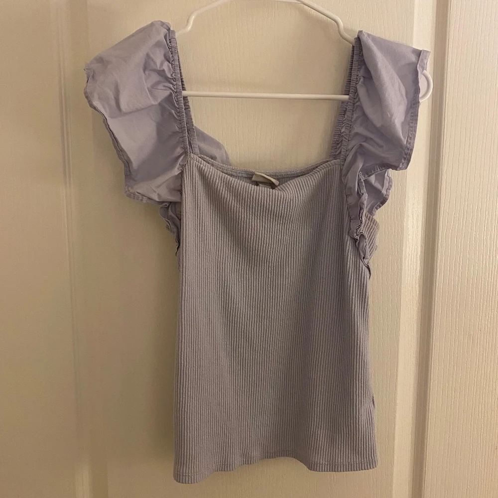 Blue Ruffle Sleeve Ribbed Top - Picture 1 of 2